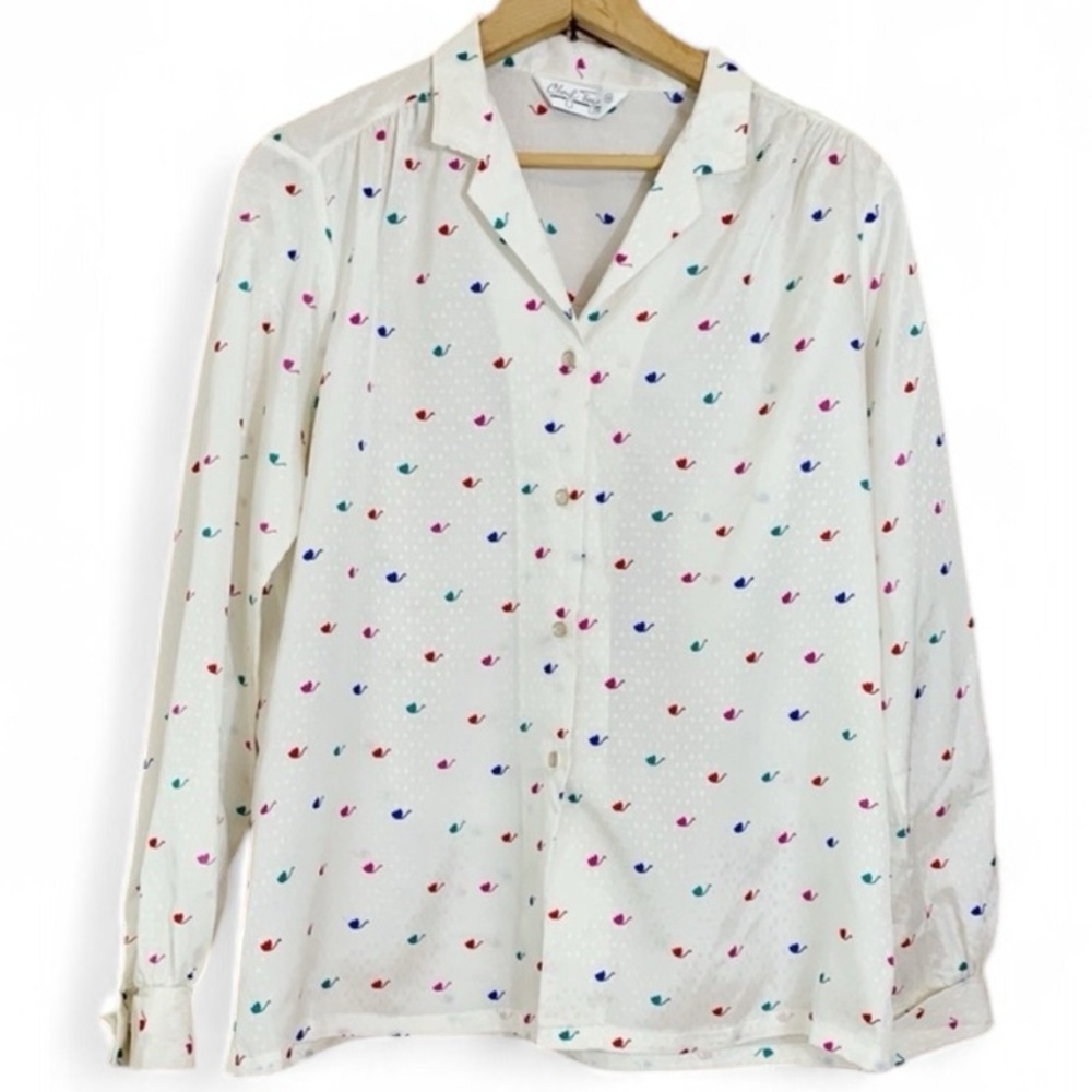 Vintage 1980s Cheryl Tiegs White Blouse Rainbow Flowers Tulips Long Sleeve